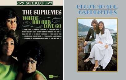 On the left, an album cover for "Where Did Our Love Go" by The Supremes with three women in black dresses. On the right, an album cover for "Close to You" by The Carpenters with a man and a woman sitting outdoors, the woman in a white dress and the man in a brown jacket.