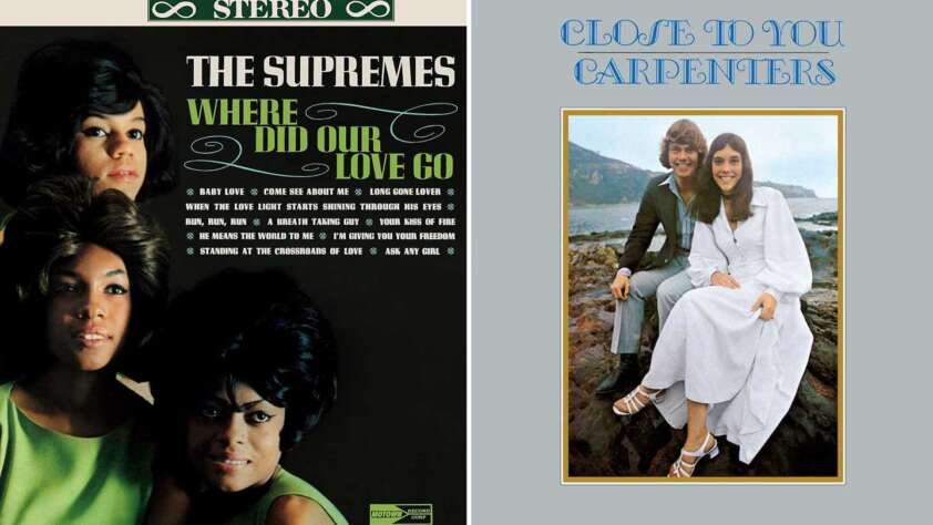 On the left, an album cover for "Where Did Our Love Go" by The Supremes with three women in black dresses. On the right, an album cover for "Close to You" by The Carpenters with a man and a woman sitting outdoors, the woman in a white dress and the man in a brown jacket.