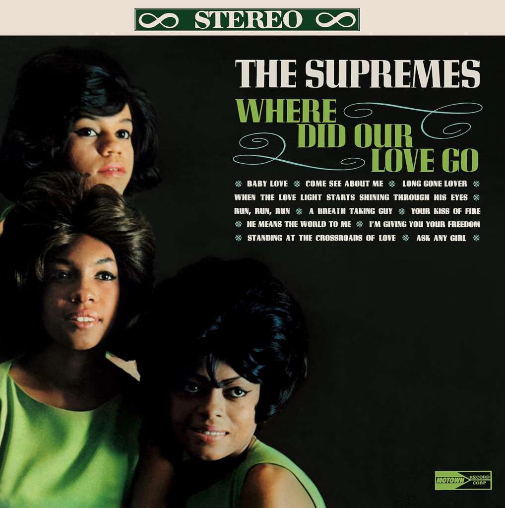 Album cover for "The Supremes - Where Did Our Love Go". Features three women, positioned with one in front and two behind her. The album title and track list are in bold text on the right side. The background is green, with "STEREO" at the top.