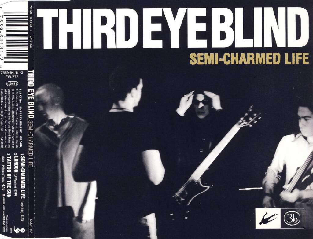 Album cover of "Semi-Charmed Life" by Third Eye Blind. The image features the band members, with one adjusting sunglasses, against a dark background. The album's title is prominently displayed at the top, and the spine contains the album details.