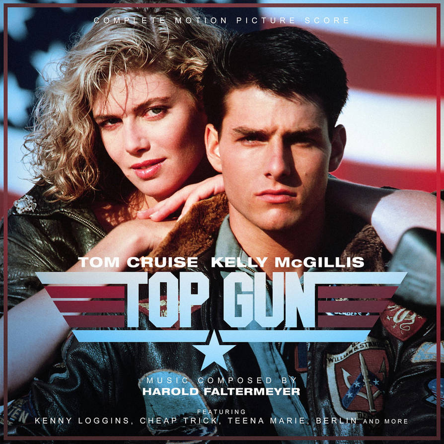 Cover of the "Top Gun" complete motion picture score featuring actors, with the composed by Harold Faltermeyer text. A man in a bomber jacket and aviator sunglasses leaning against a woman with curly hair in a confident pose. Bold "Top Gun" title centered.