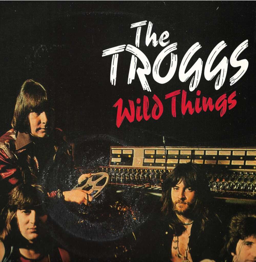 Album cover for "Wild Things" by The Troggs. Four band members pose in front of a recording console, with one holding a reel of recording tape. The band's name appears at the top in white, and the album title is written below in red.