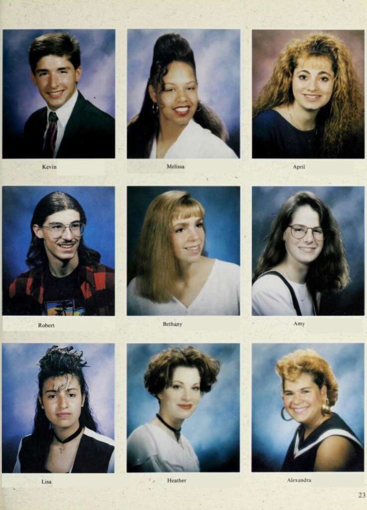 A grid of nine high school yearbook portraits featuring a mix of male and female students with various hairstyles and outfits typical of the late 1980s or early 1990s. Each portrait is captioned with a first name: Kevin, Melissa, April, Robert, Bethany, Amy, Lisa, Heather, and Alexandra.