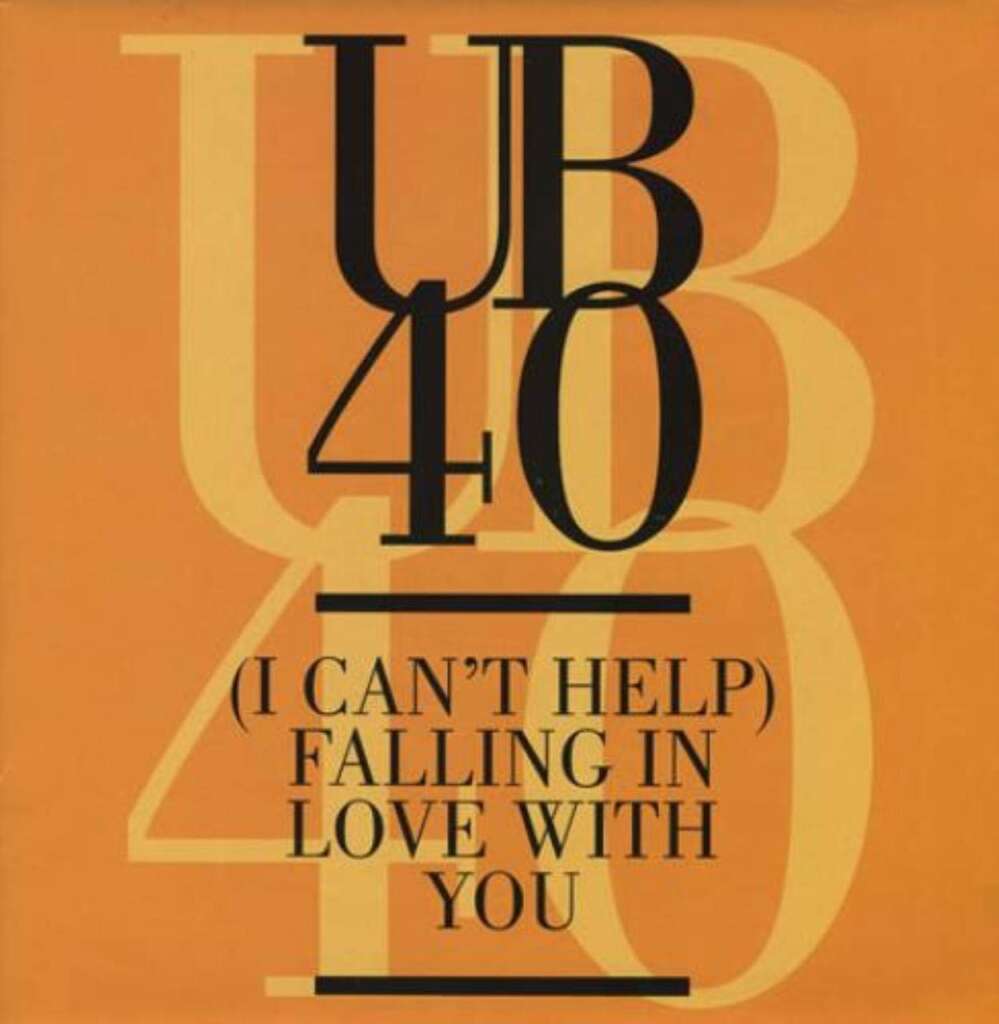 An orange album cover displays the text "UB40" in large, bold letters at the top with the text "(I Can't Help) Falling In Love With You" in smaller black letters beneath it.