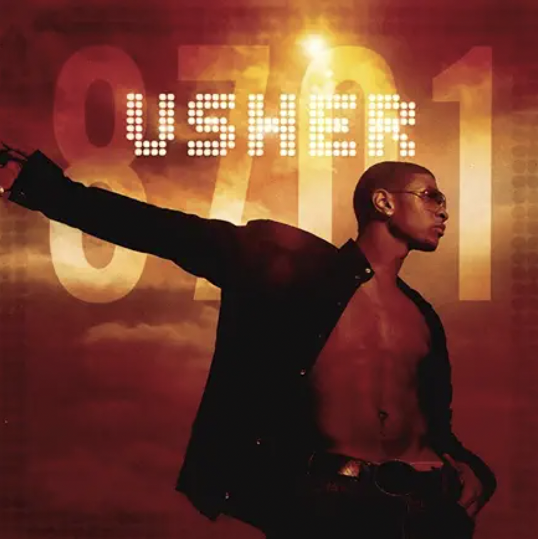 An individual is posing shirtless with an open jacket and sunglasses against a red background featuring large, illuminated text that reads "8701" and "USHER". The person stretches one arm out to the side. The scene has a warm, glowing effect.