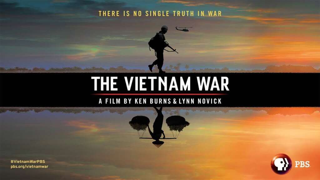 Promotional image for "The Vietnam War," a film by Ken Burns and Lynn Novick. The image features a silhouette of a soldier with a gun against a sunset sky, with reflections on water below. Text on the image includes the title, creators' names, and the PBS logo.