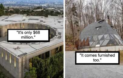 Side-by-side images comparing two houses. The left image shows an aerial view of a large, luxurious, modern house with a caption, "It's only $68 million." The right image shows a small, unconventional, dome-shaped house with a caption, "It comes furnished too.