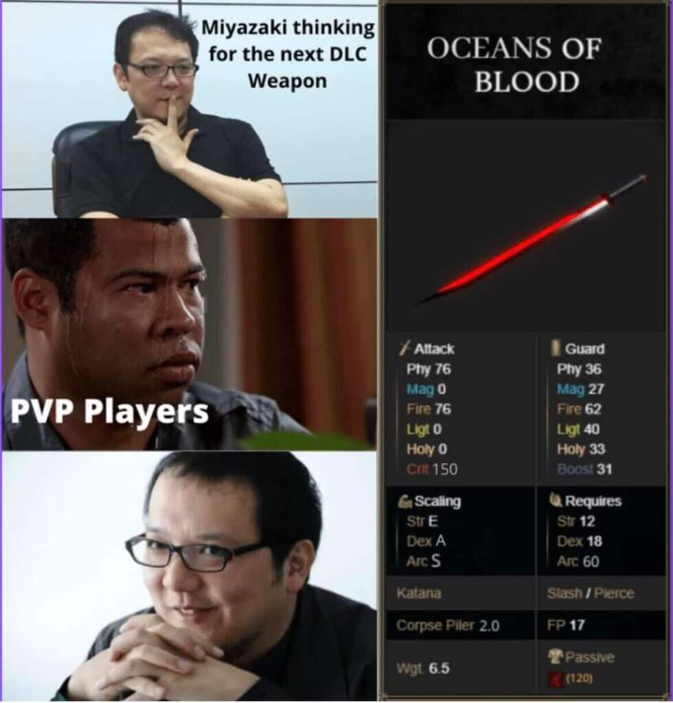 A meme featuring three images and a screenshot: Top shows a man labeled "Miyazaki thinking for the next DLC Weapon." Middle shows a distressed man labeled "PVP Players." Bottom shows the first man smiling. Right displays a red sword titled "Oceans of Blood" with various stats. Classic Elden Ring memes!