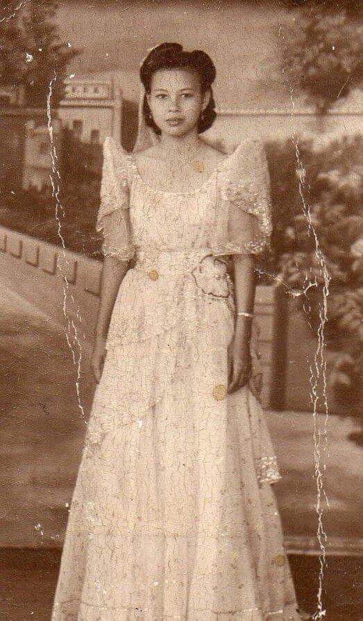 A sepia-toned vintage photo of a woman standing and facing the camera. She is wearing a long, intricate gown with puffed sleeves and a delicate pattern. Her hair is styled neatly, and she appears to be in front of a painted backdrop depicting a scenic landscape.