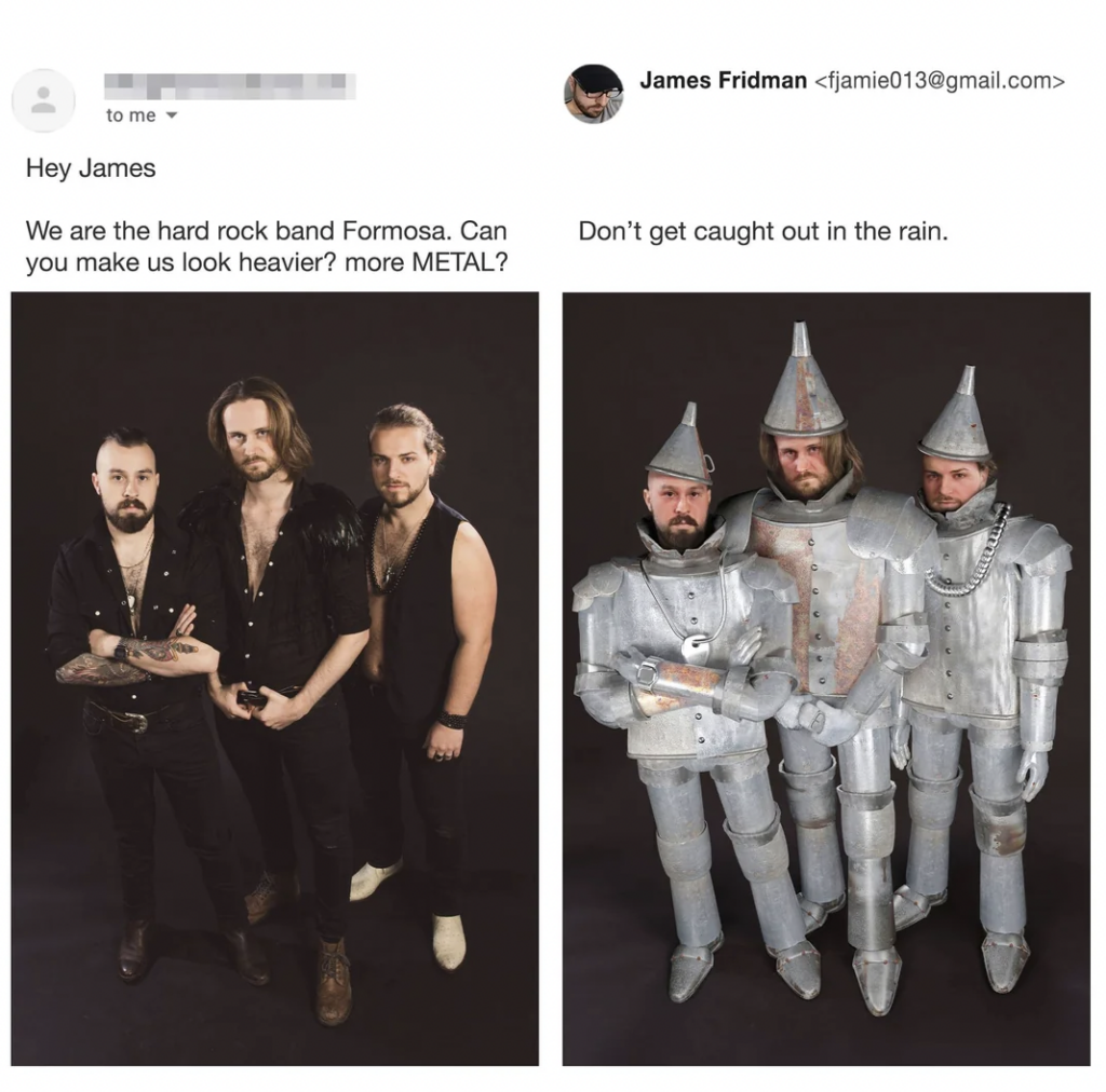 Two side-by-side images. Left image: Three men from the band Formosa in rock outfits. Right image: The same three men dressed in metallic, tin man-like outfits resembling characters from "Wizard of Oz" with the caption "Don't get caught out in the rain.