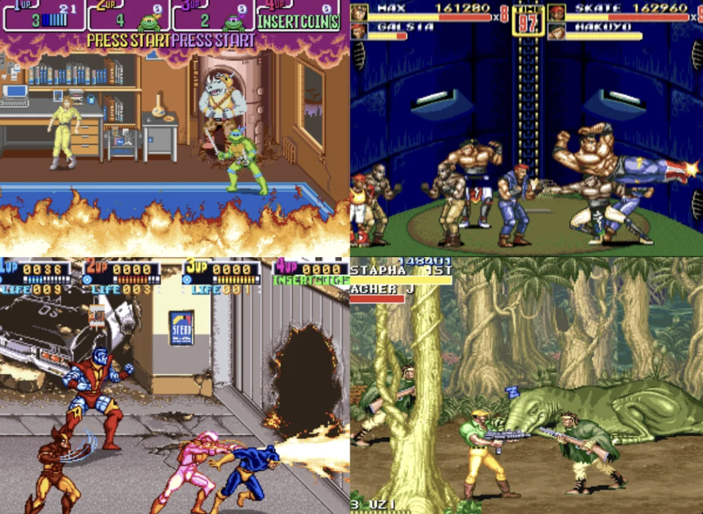 A collage of four classic arcade game screenshots. Each image shows characters in action-packed scenes: fighting in a burning building, battling enemies in a futuristic setting, dodging gunfire, and fighting creatures in a forest.