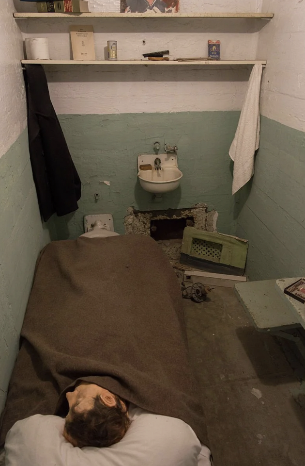 A small cell with green and white walls, featuring a bed covered in a brown blanket, an open book, and clothing on the bed. To the right, there is a sink and a shelf with various items. A towel hangs from the shelf, and parts of the wall appear damaged.