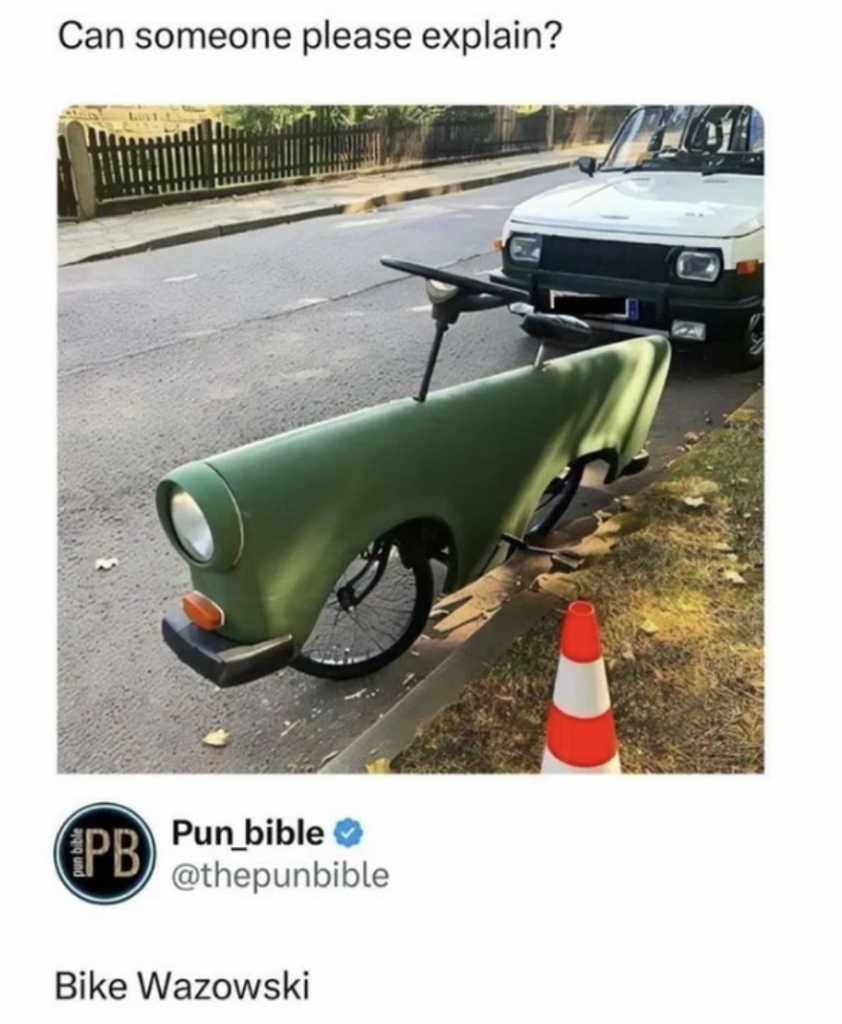 A bicycle covered with a green car shell, making it appear as though it has a car's body and a bike's wheels. There is an orange traffic cone beside it, and a white vehicle is parked on the street in the background. Text above reads, "Can someone please explain?" and below it, a caption says, "Bike Wazowski.