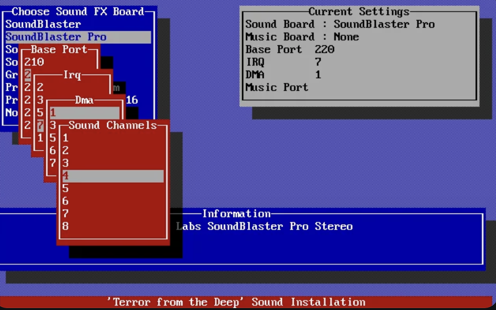 A retro computer screen displays the installation interface for "Terror from the Deep" sound settings. The menu options include selections for Sound FX Board, Sound Channels, and various settings like IRQ and DMA. The selected Sound Board is SoundBlaster Pro.