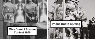 On the left, two women stand holding trophies in front of X-ray images, labeled "Miss Correct Posture Contest 1956." On the right, several people are packed tightly inside a phone booth, with the label "Phone Booth Stuffing.