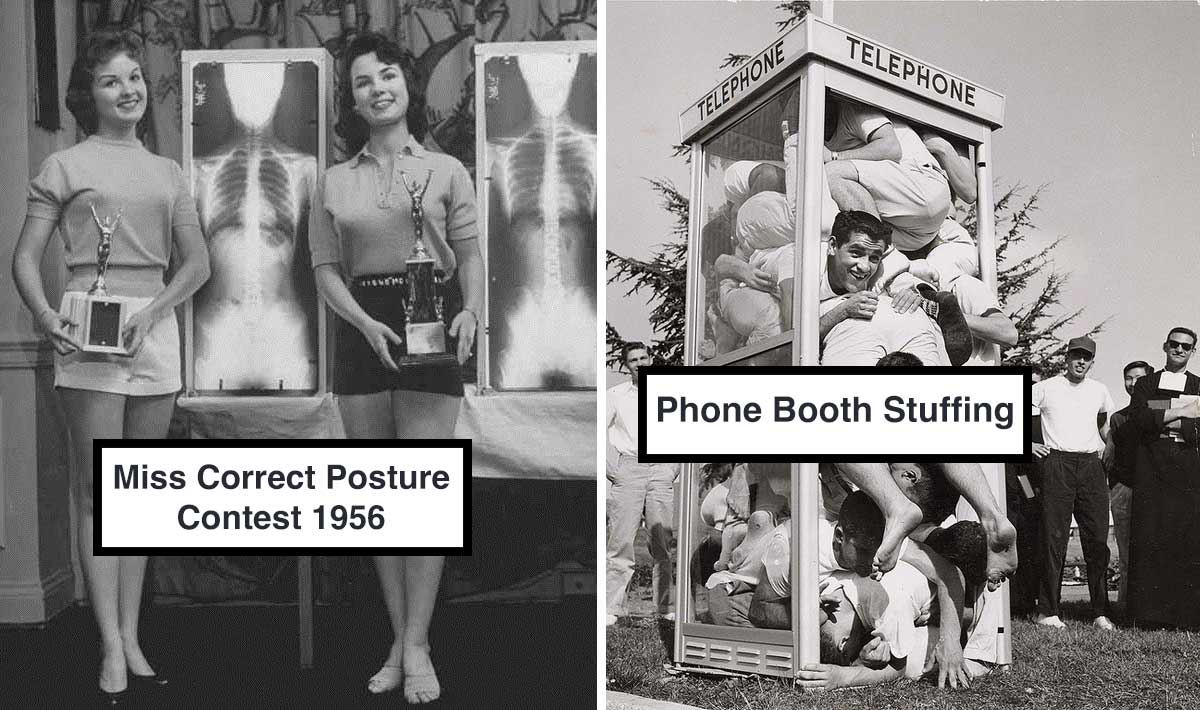 On the left, two women stand holding trophies in front of X-ray images, labeled "Miss Correct Posture Contest 1956." On the right, several people are packed tightly inside a phone booth, with the label "Phone Booth Stuffing.