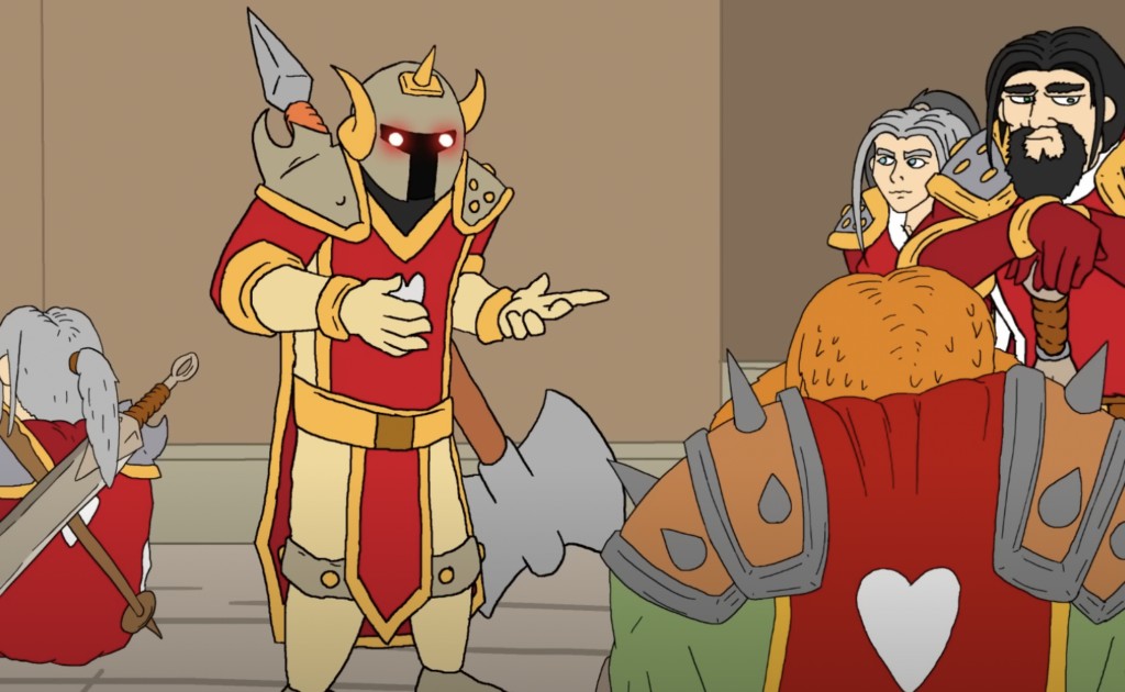 A group of animated characters stand in a room, centered around a figure in red armor with pointed shoulder pads and a helmet with horns and glowing red eyes. Other armored figures, with axes and weapons, are listening attentively.