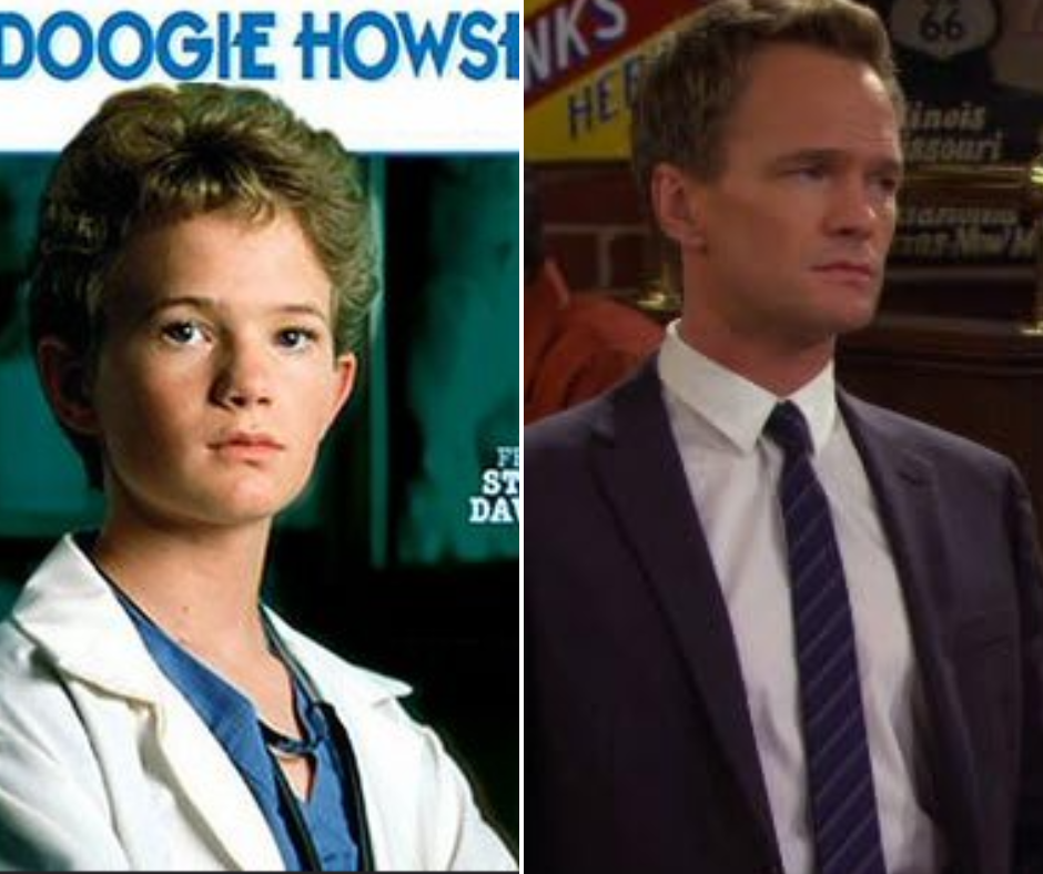 Split image: on the left, a young individual in a white coat and blue shirt against a green background with text "DOOGIE HOWSER"; on the right, an adult wearing a white dress shirt, dark suit jacket, and striped tie, standing indoors with a contemplative expression.