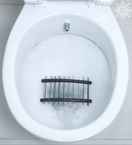 A toilet with water flushing, showing black bars across the bowl. The bars are designed to act as a barrier, preventing objects from falling into the toilet. The image also features a logo in the top right corner.