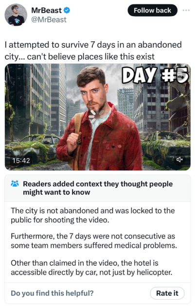 A tweet from MrBeast with a video thumbnail showing him in front of an overgrown, abandoned city. The tweet reads: "I attempted to survive 7 days in an abandoned city... can't believe places like this exist." A context warning below states the city was not abandoned and details about misrepresented elements.