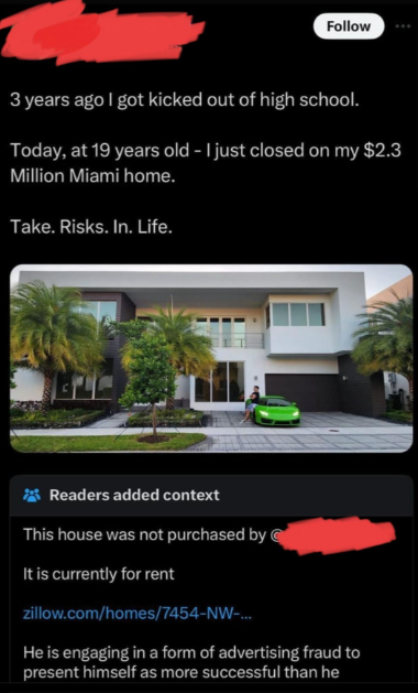 Screenshot of a social media post with a photo of a modern house and a green sports car. The post claims that the user closed on a $2.3 million Miami home at 19 years old, advocating taking risks in life. A context note points out the house is actually for rent.