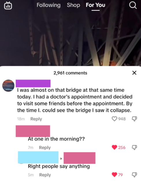 A social media post shows a user recounting their experience of nearly being on a bridge that collapsed. The comment section includes skeptical reactions from other users questioning the story's validity and timestamp. The post has accumulated 2,961 comments.