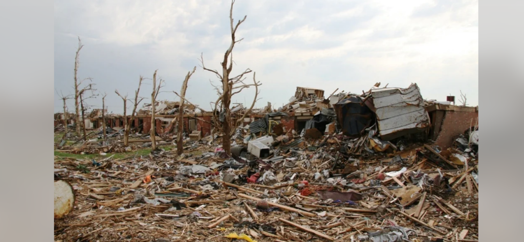 A devastated area with uprooted trees and destroyed structures scattered with debris, showing the aftermath of a natural disaster. Rubble and remains of buildings are strewn across the ground under a cloudy sky.