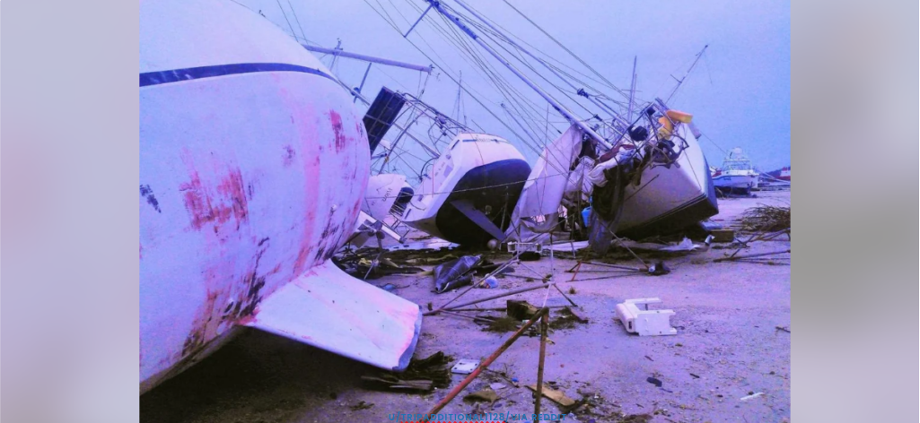 A pile of damaged boats lies on the shore, with their masts tangled together. The boats appear to have suffered from a violent storm or natural disaster, scattered debris surrounds them. The sky in the background is overcast and gloomy.