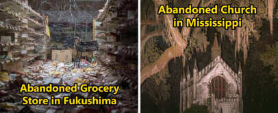 Left: An abandoned grocery store in Fukushima with cluttered aisles and debris. Right: An abandoned church in Mississippi surrounded by trees with Spanish moss. Both images evoke a sense of decay and abandonment.