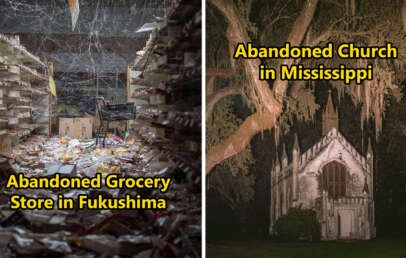 Left: An abandoned grocery store in Fukushima with cluttered aisles and debris. Right: An abandoned church in Mississippi surrounded by trees with Spanish moss. Both images evoke a sense of decay and abandonment.