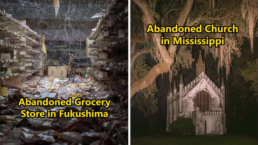 Left: An abandoned grocery store in Fukushima with cluttered aisles and debris. Right: An abandoned church in Mississippi surrounded by trees with Spanish moss. Both images evoke a sense of decay and abandonment.