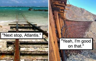 A split image with captions. The left side shows rusted train tracks leading into the ocean with the caption "Next stop, Atlantis." The right side shows precarious train tracks on the edge of a mountain with the caption "Yeah, I'm good on that.