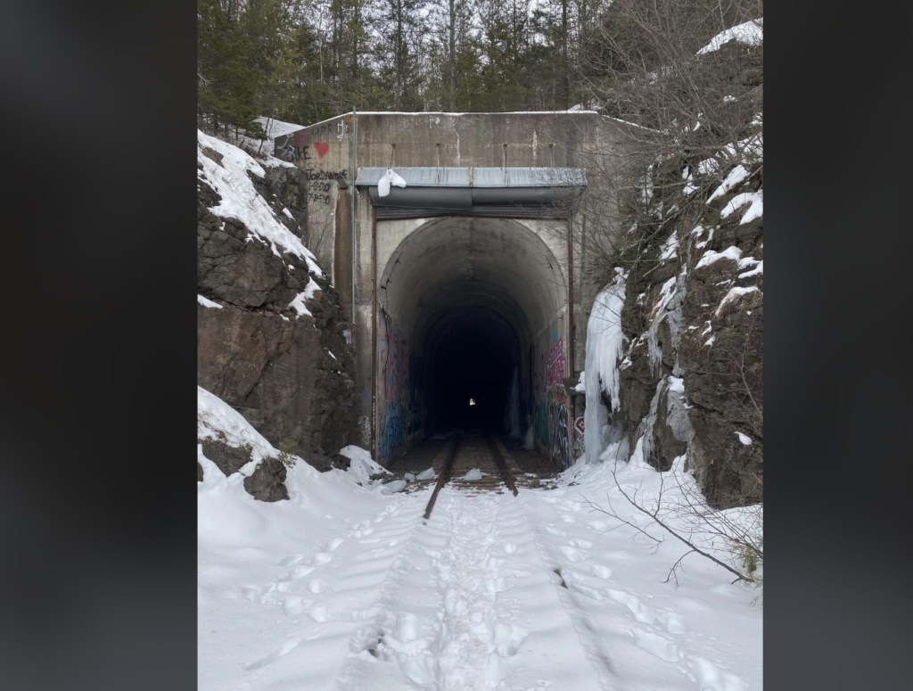 A snow-covered abandoned railway track leads into a dark and eerie tunnel, surrounded by graffiti-marked concrete walls and rocky terrain. Snow and ice hang on the sides while tall trees stand above the tunnel entrance under a gray winter sky.