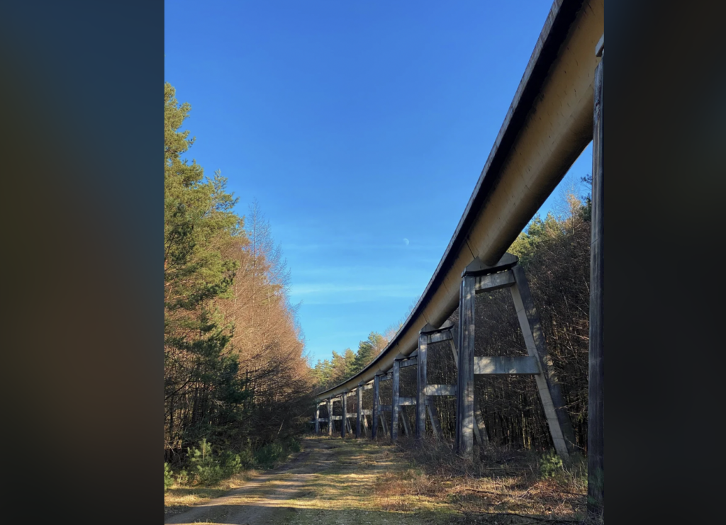 A long, elevated metal pipeline runs diagonally across the image, supported by metal beams. It passes through a forested area with trees on both sides, under a clear blue sky. The path beneath is dirt and partially grassy.