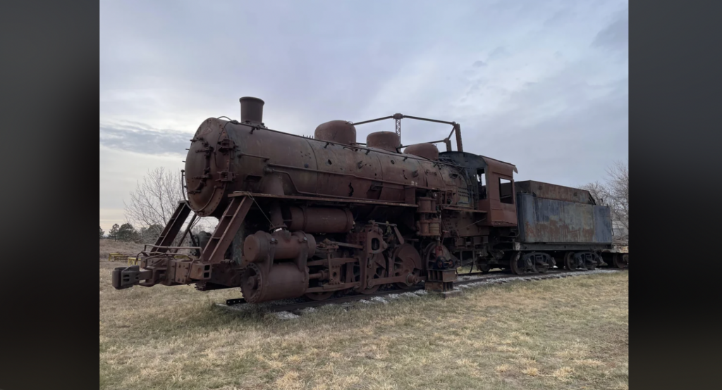 A weathered, rusted steam locomotive stands on overgrown tracks with a cloudy sky in the background. The engine's worn appearance suggests it has been abandoned for a long time. The landscape appears desolate, with sparse grass and bare trees surrounding the train.