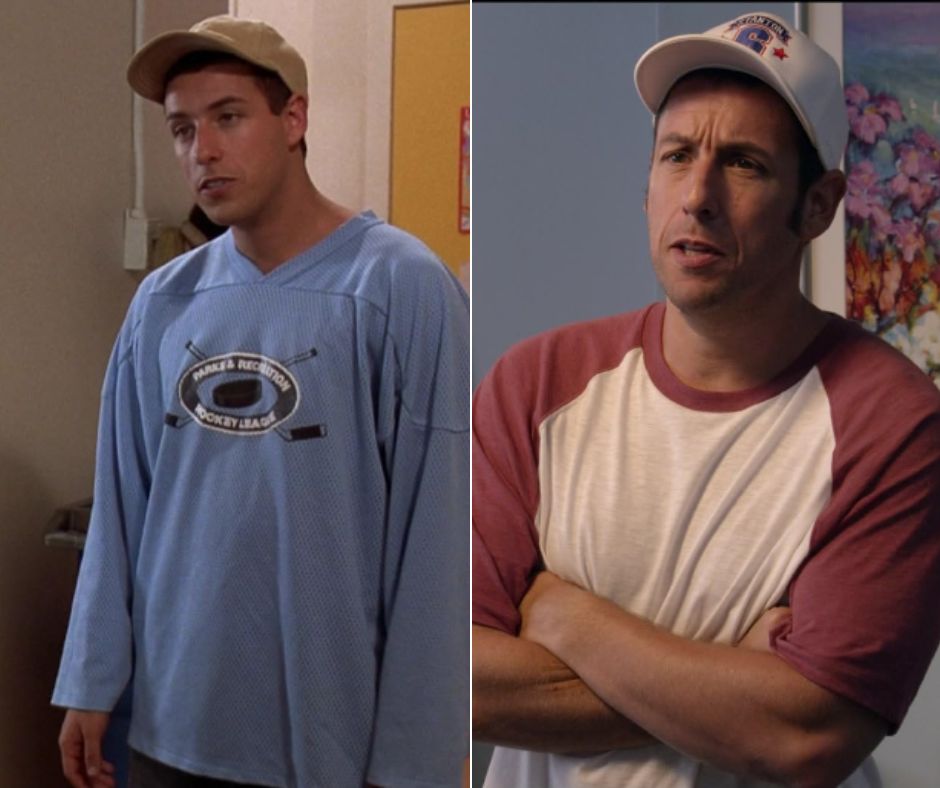 A split image shows a man wearing a blue hockey jersey and baseball cap on the left, and the same man wearing a red and white raglan shirt and white cap, with arms crossed, on the right. Both images feature him expressing different emotions.