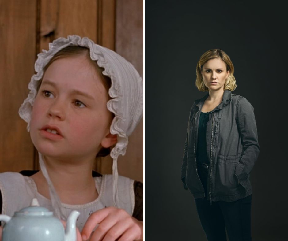 Split image showing two photos of a woman. On the left, she's a child wearing a white bonnet and old-fashioned clothing, holding a tea set. On the right, she's an adult in contemporary clothing, posing with a serious expression against a dark background.