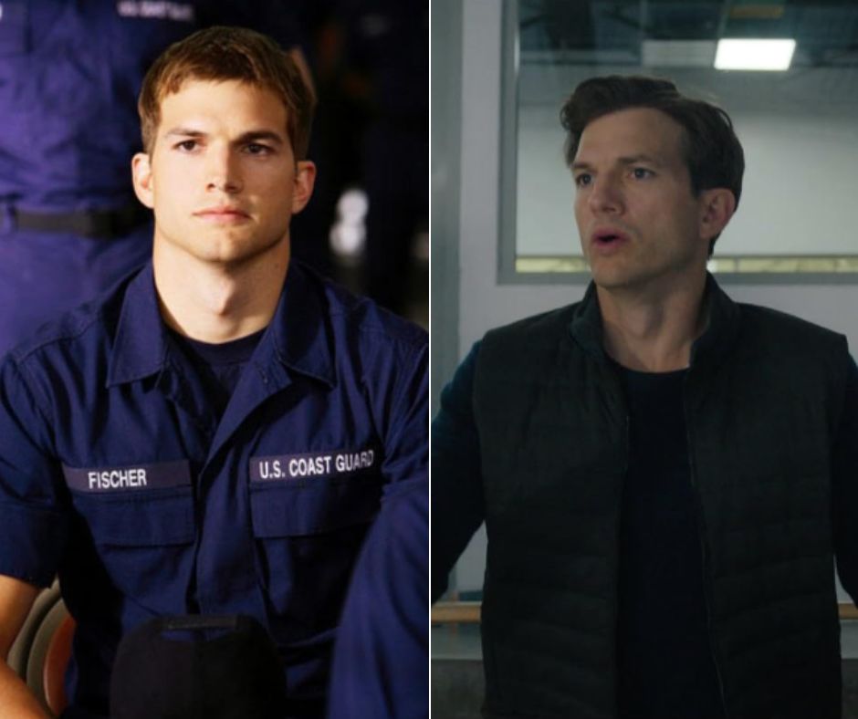 Split image of a man: on the left, he is in a U.S. Coast Guard uniform staring ahead with a serious expression, and on the right, he is in casual attire, with a dark green vest, in an indoor setting, speaking with an open-mouthed expression.