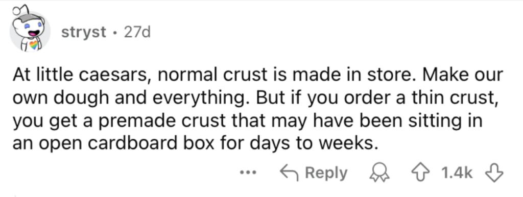 Screenshot of a Reddit post by user stryst. The post reads: "At little caesars, normal crust is made in store. Make our own dough and everything. But if you order a thin crust, you get a premade crust that may have been sitting in an open cardboard box for days to weeks." It has 1.4k upvotes.