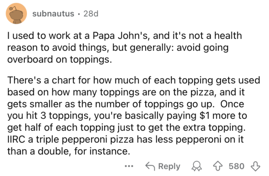 A Reddit post by user "subnautus" discussing topping usage at Papa John's. The post advises against overloading pizzas with too many toppings and explains that the amount of each topping decreases as the number of toppings increases.