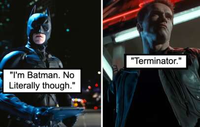 A split image shows Batman on the left with a caption saying, "I'm Batman. No literally though," and the Terminator on the right with a caption saying, "Terminator." Batman is holding a tablet in an urban night setting, while Terminator stands in red neon lighting.