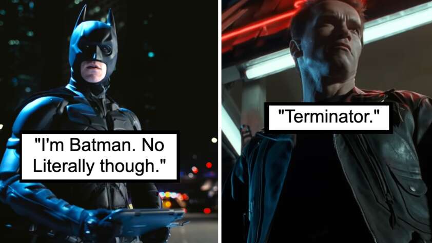 A split image shows Batman on the left with a caption saying, "I'm Batman. No literally though," and the Terminator on the right with a caption saying, "Terminator." Batman is holding a tablet in an urban night setting, while Terminator stands in red neon lighting.