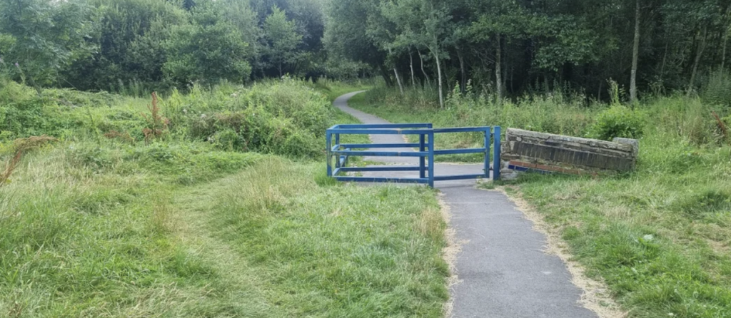 A narrow paved path winds through a lush, green wooded area. A blue gate blocks the path, allowing pedestrian access while preventing vehicle entry. Adjacent to the gate is a wooden bench, partially overgrown by surrounding foliage.