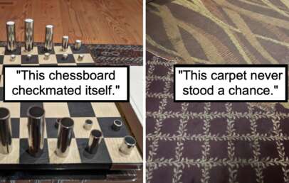 Left side: A chessboard with metal cylindrical pieces arranged disorderly, accompanied by a caption stating "This chessboard checkmated itself." Right side: A patterned carpet with an overlay caption stating "This carpet never stood a chance.