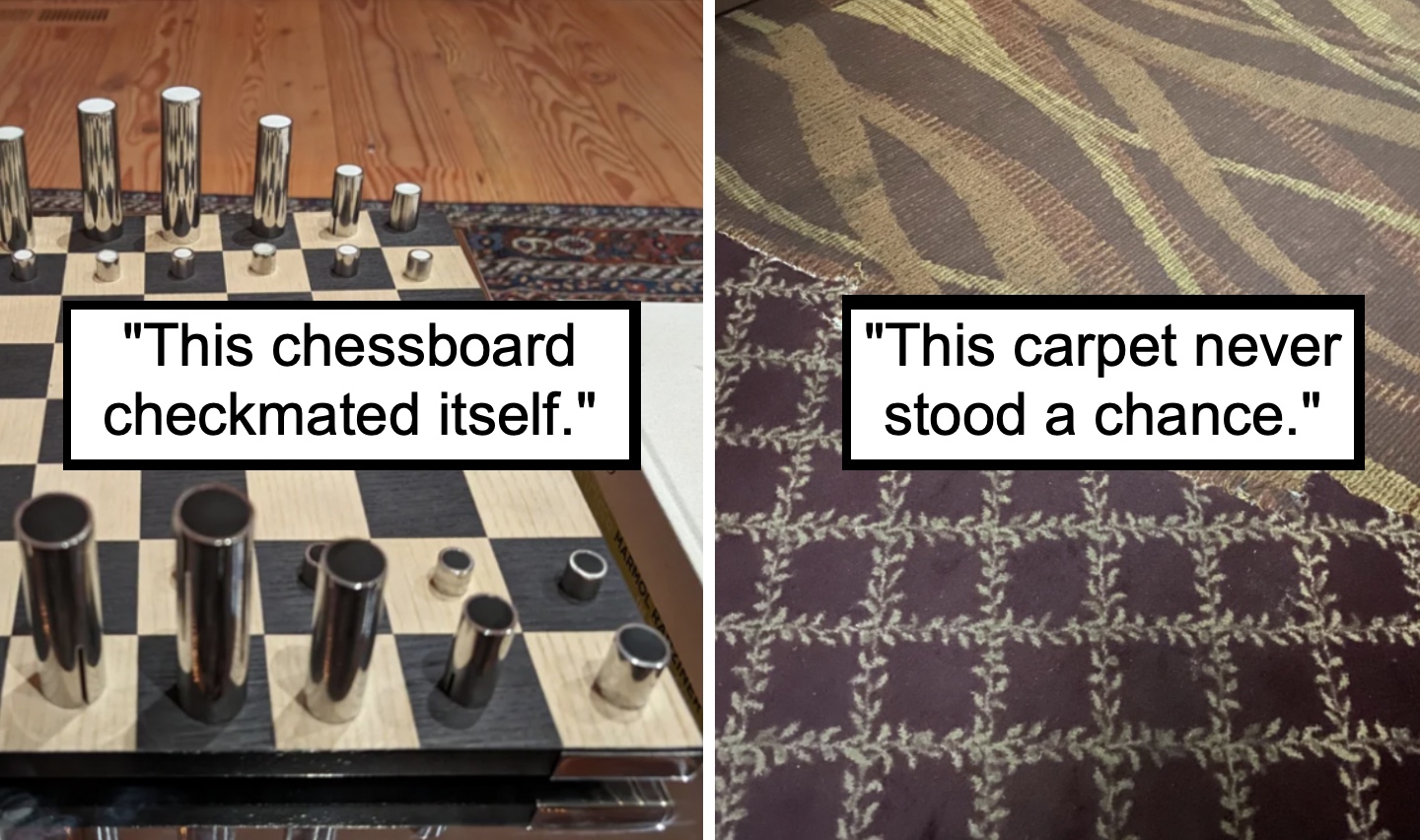 Left side: A chessboard with metal cylindrical pieces arranged disorderly, accompanied by a caption stating "This chessboard checkmated itself." Right side: A patterned carpet with an overlay caption stating "This carpet never stood a chance.