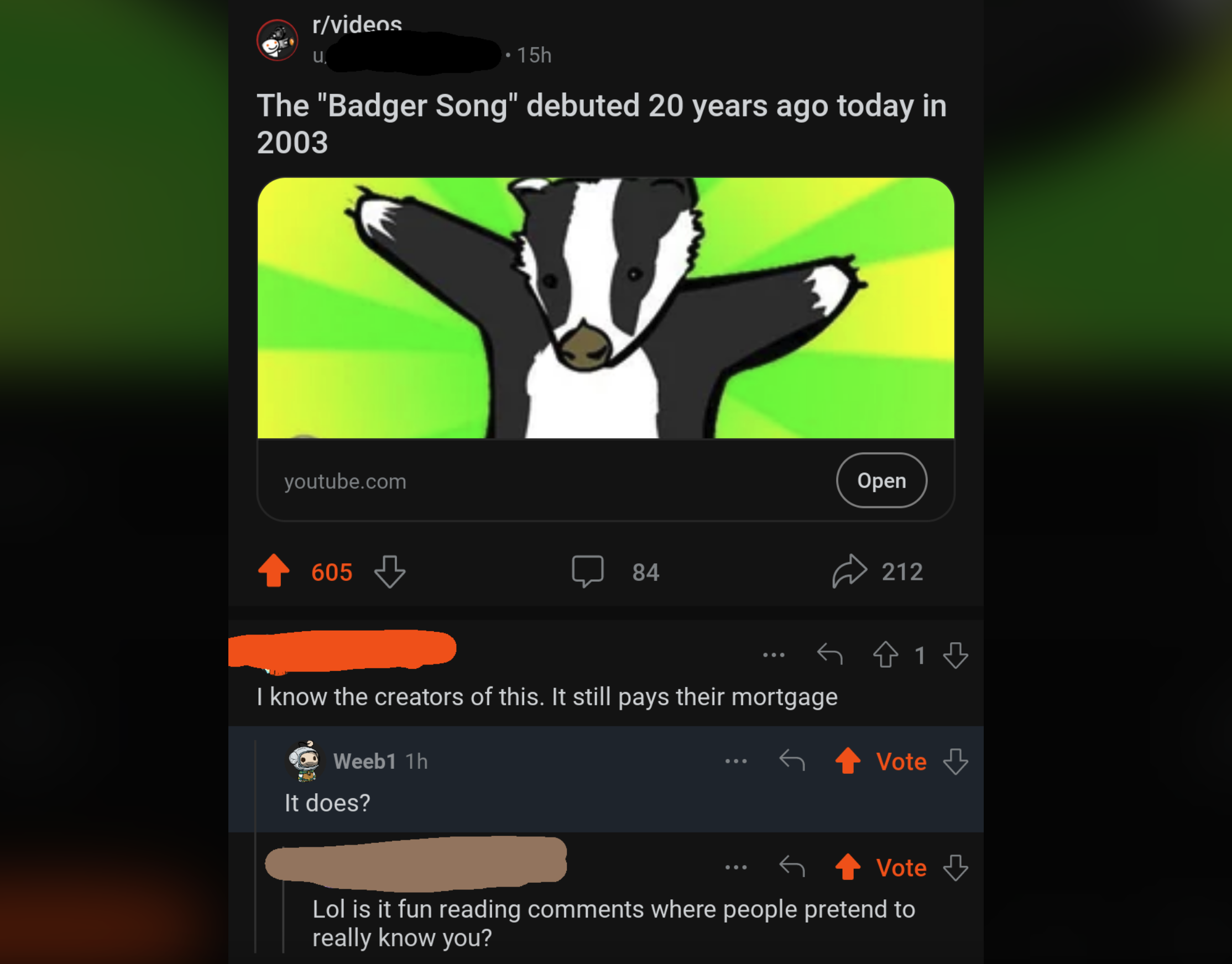 A Reddit post celebrating the 20th anniversary of the "Badger Song" shows a cartoon badger with arms raised. The post has 605 upvotes, 84 comments, and 212 shares. A user comments that the song still pays the creators' mortgage; another user expresses surprise.