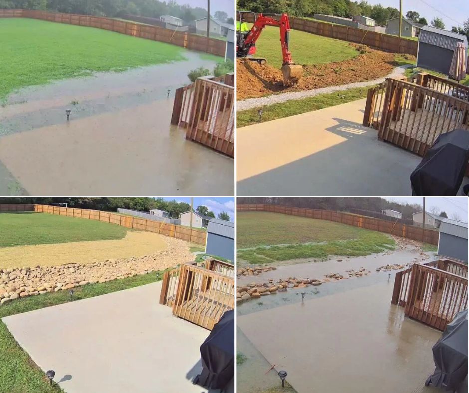 A collage of four photos showing a backyard flooding solution. Top left: Flooded backyard with water pooled behind a wooden deck. Top right: Construction process digging the yard. Bottom left: Gravel spread and rocks placed. Bottom right: Completed rock drainage system with water flowing.