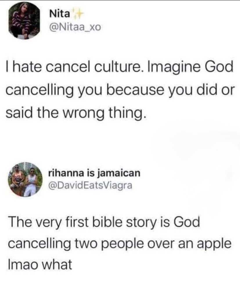 Two social media posts discussing cancel culture. The first post by Nitaa_xo says, "I hate cancel culture. Imagine God cancelling you because you did or said the wrong thing." The second post by DavidEatsViagra responds, "The very first Bible story is God cancelling two people over an apple lmao what.