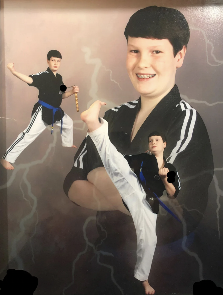 A collage-style image features a boy in martial arts attire, including a black top and white pants with a blue belt. The background shows the same boy with a big smile, and in front, he appears in two dynamic martial arts poses. The background has a stormy sky with lightning.