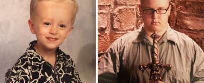 Side-by-side photos: Left shows a smiling young child with short blond hair in a dark floral shirt posed for a portrait. Right shows a serious young person with a mohawk, glasses, and an armored shirt, holding a sword against a stone wall background.